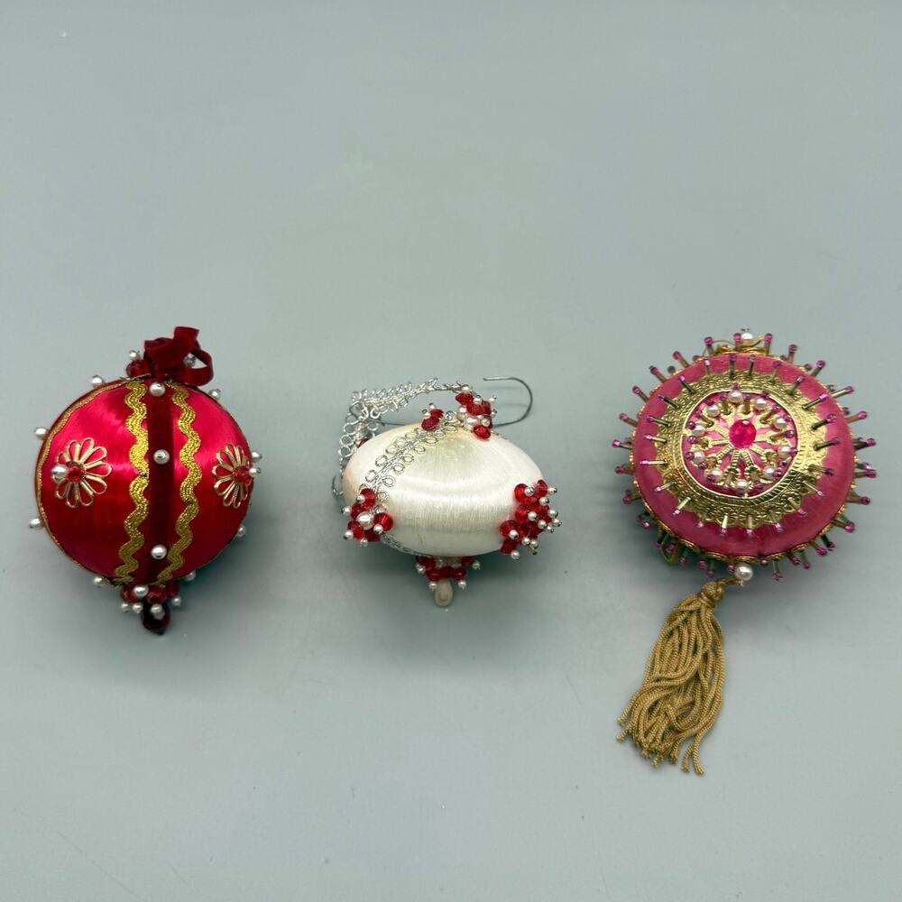 Vintage 1970s Silk Pushpin Christmas Ornaments lot of 3 Ornate Beaded Decoration
